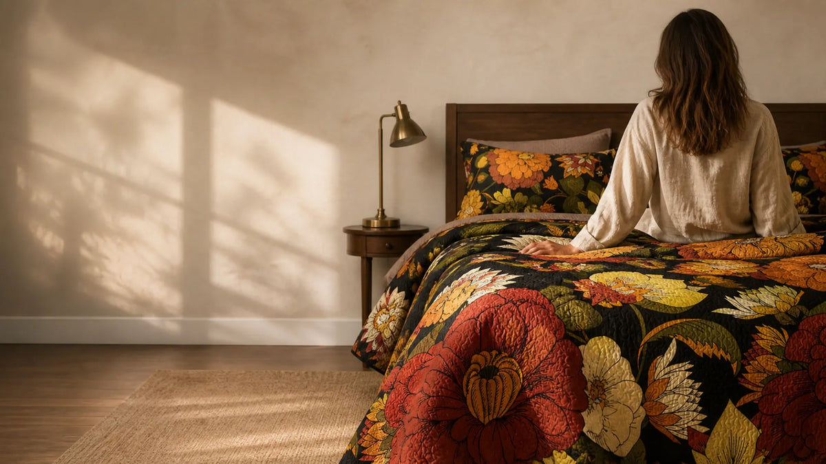 Warm Ember floral quilt in a relaxed TYROT home