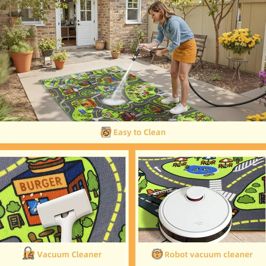 Washable kids car rug compatible with vacuum cleaners and robot vacuums