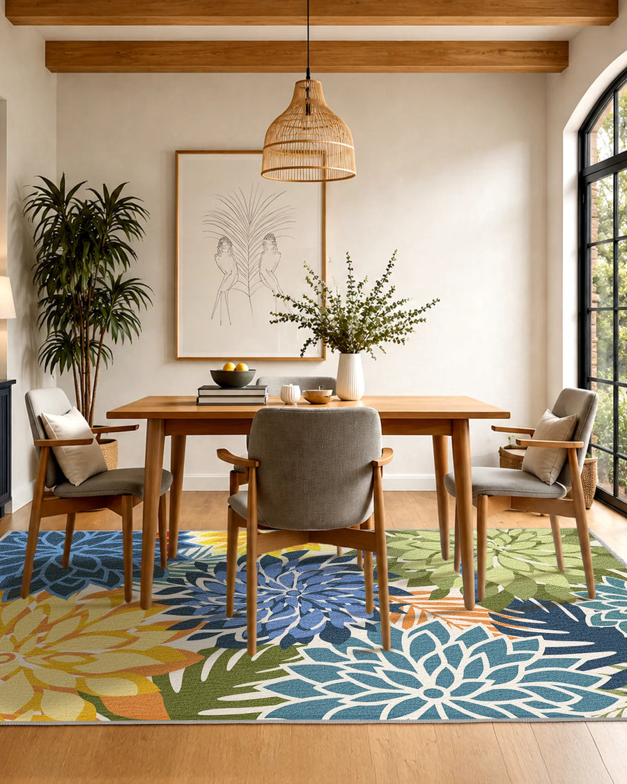 Floral area rug with yellow, green, and blue dahlias beneath a wooden dining table