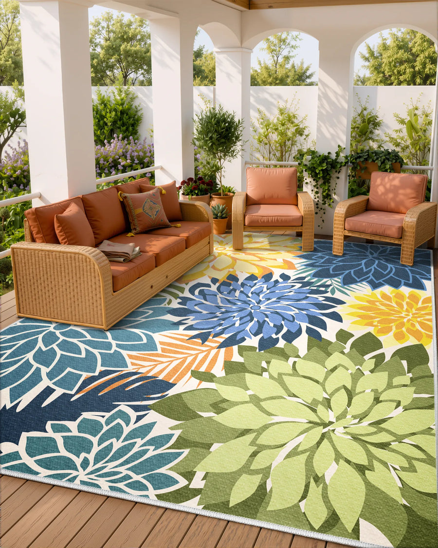 Floral outdoor rug with yellow green dahlia design on a furnished covered porch