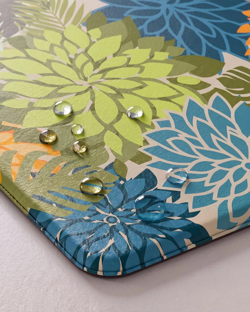 Water droplets on Yellow Green floral anti-fatigue kitchen mat showing its waterproof surface